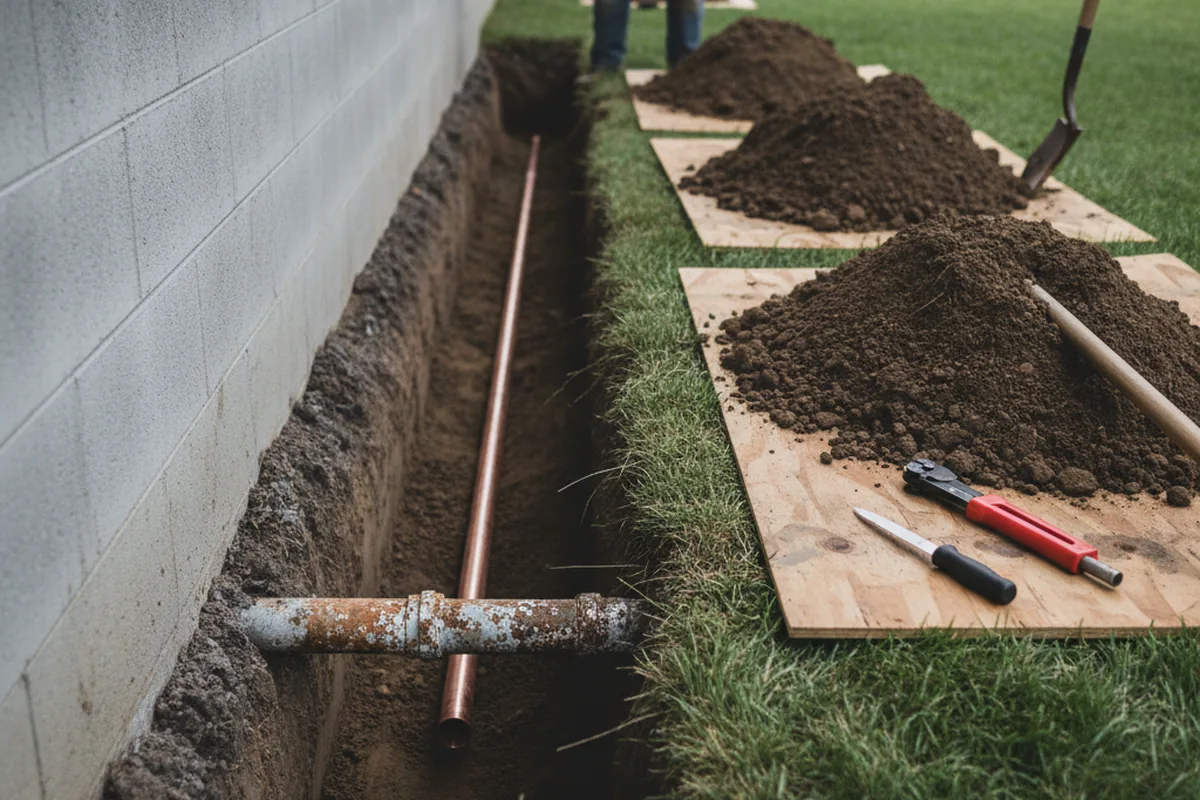Excavated water line trench during Water Heater Repair in Exeter